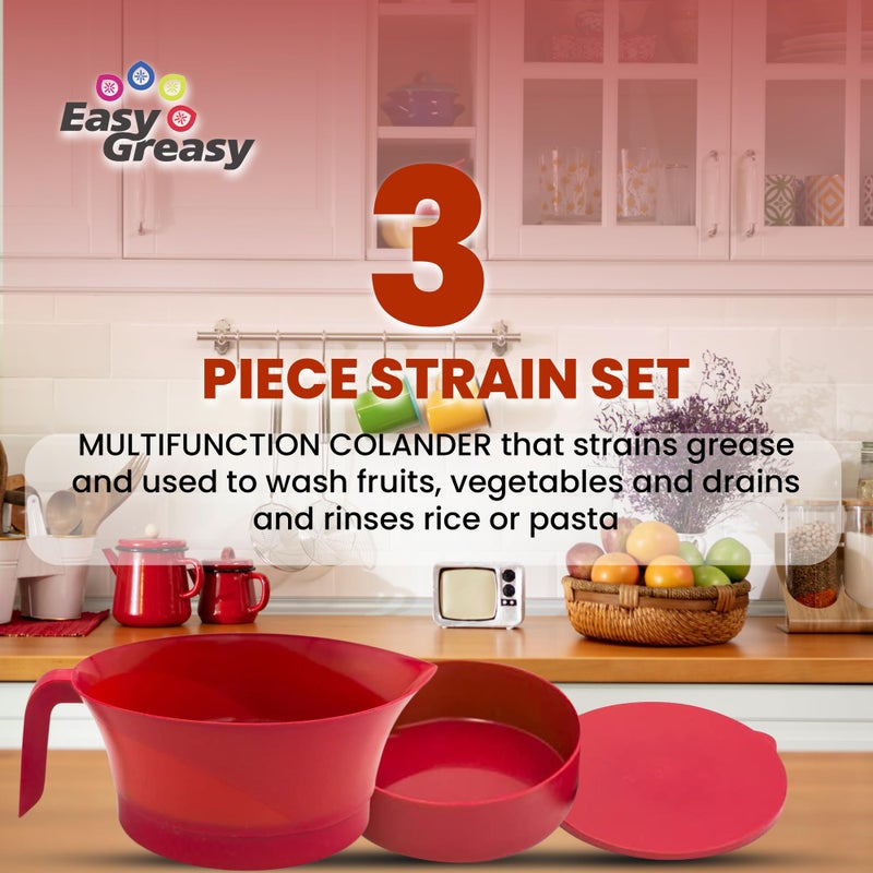 Easy Greasy Colander Grease Strainer With Handle And Container, Catch Bowl With Lid 3 Piece Strain Set | Strains Ground Beef, Bacon & Pasta | Safe Kitchen Gadget BPA Free | Made In The USA (Red) - Image 4